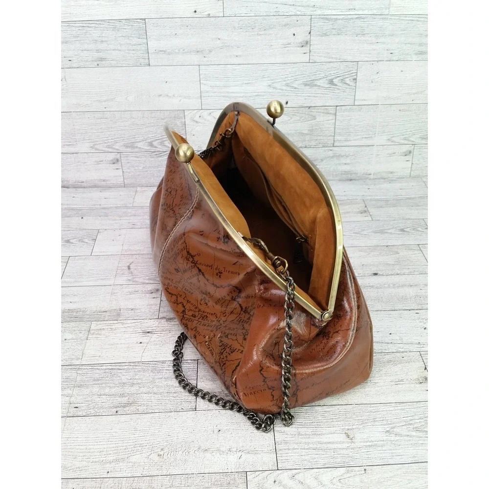 Patricia Nash Mia Leather Shoulder Bag Map Design Framed Satchel Kisslock Brown